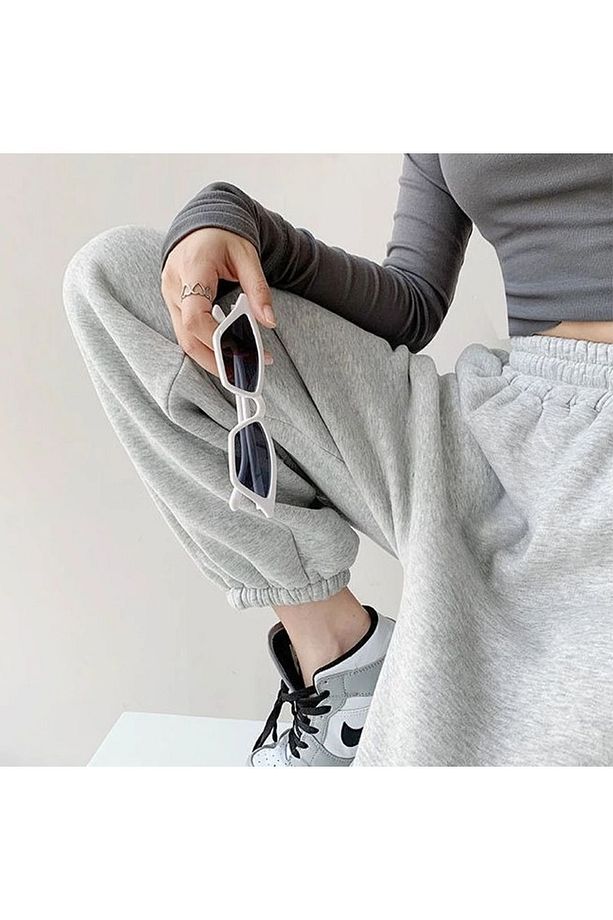 Baskısız Basic Düz Eşofman Altı Jogger - Gri Lastik Paça Yüksek Bel Kışlık - 2