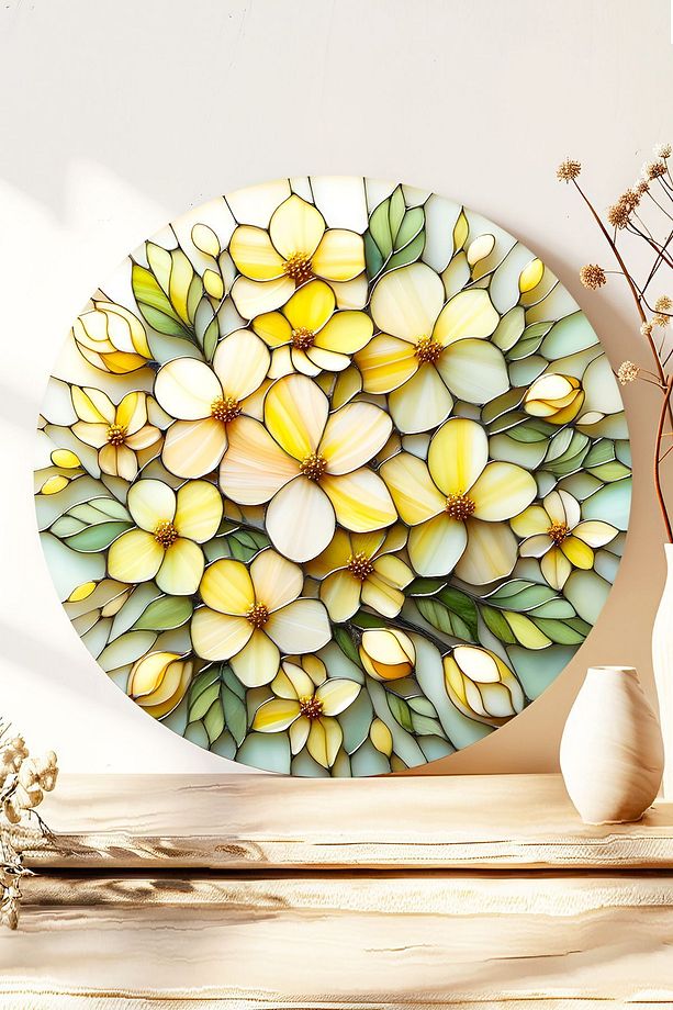 Çiçek Resimli Modern Duvar Dekoru, Yuvarlak Ahşap Mdf Tablo, Ev, Oturma Odası, Ofis Dekoratif Süs - 1