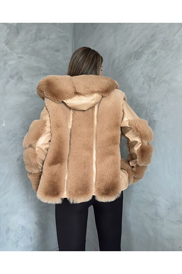 Camel deri kapüşonlu kaban - 3