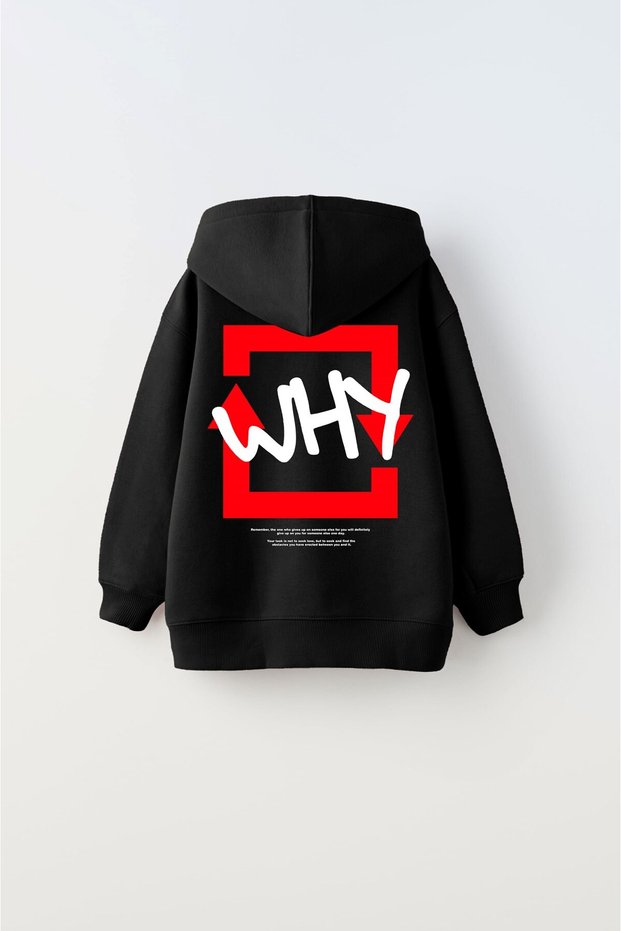 Hooded Fleece Inside Why Printed Black Unisex Kids Hoodie Sweatshirt