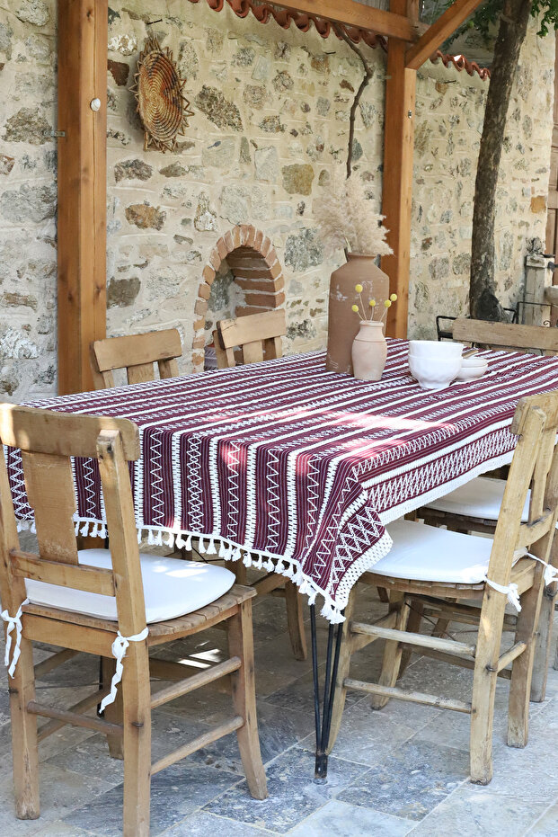 Cotton Lace Knitted Tablecloth with Tassels in Brick Color