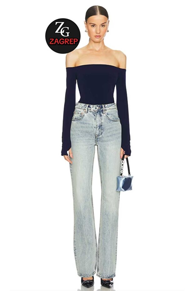 Women's Navy Blue Color Blouse Strapless Finger-Looped Silk Jersey Blouse