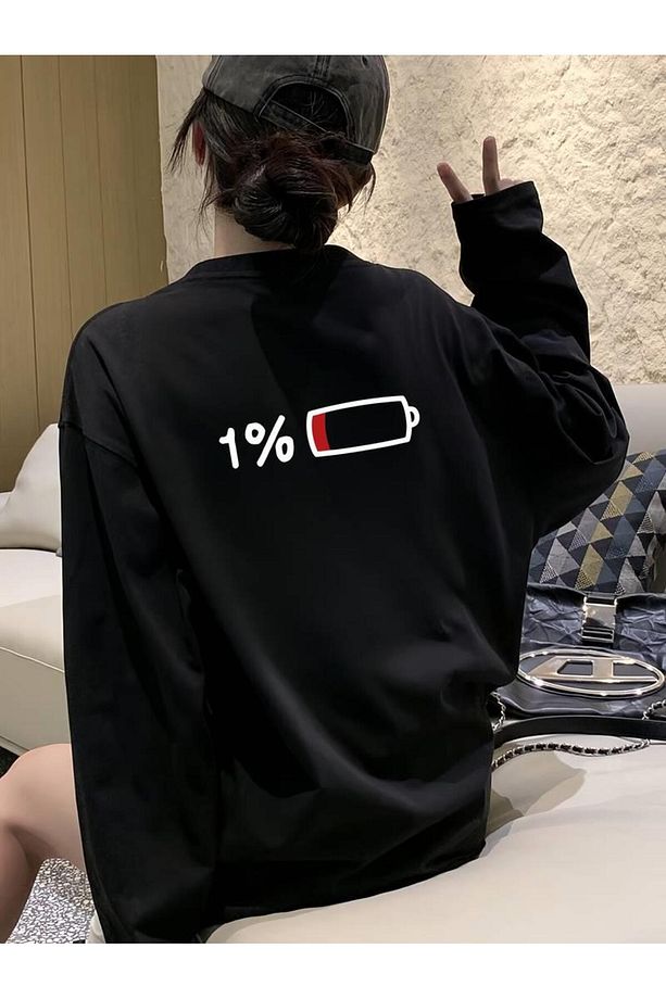Sırt Baskı Low Battery Siyah Unisex Oversize Bisiklet Yaka Sweatshirt - 1