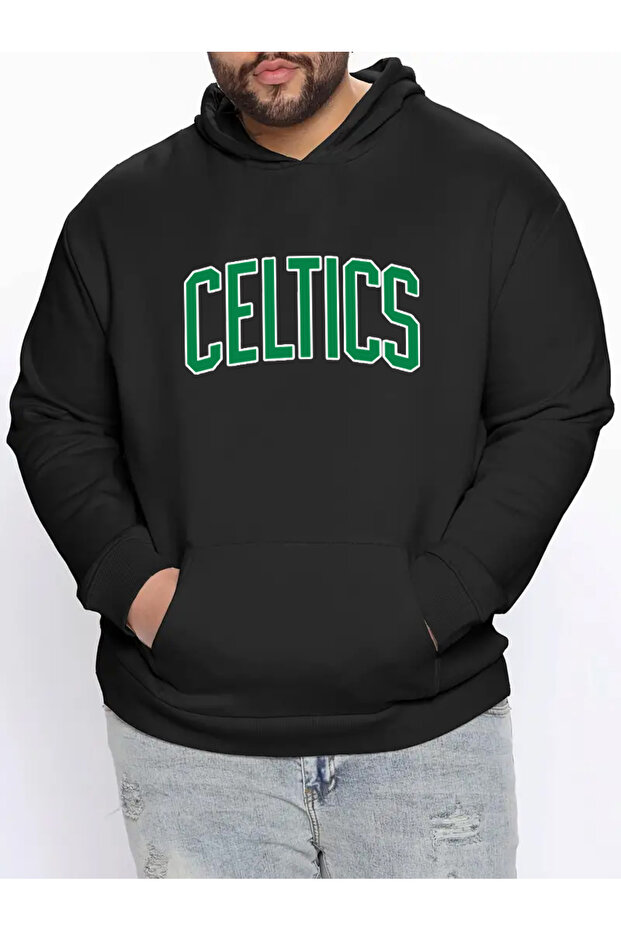 Unisex Black Oversize Size 3 Threaded Threaded Oversize Hooded Celtic Printed Cotton Sweatshirt