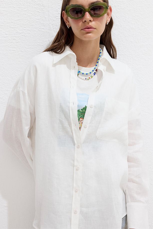 İNCE KETEN OVERSIZE GÖMLEK EKRU - 5