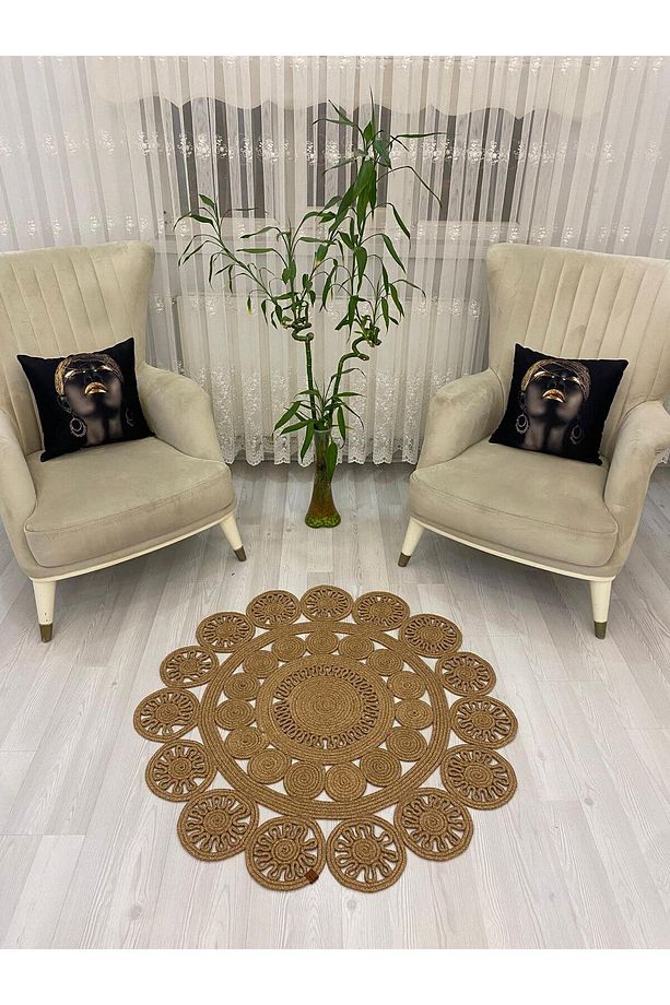 jüt Hasır görünümlü Desenli Modern El Örgüsü daire Halı Kilim - 5