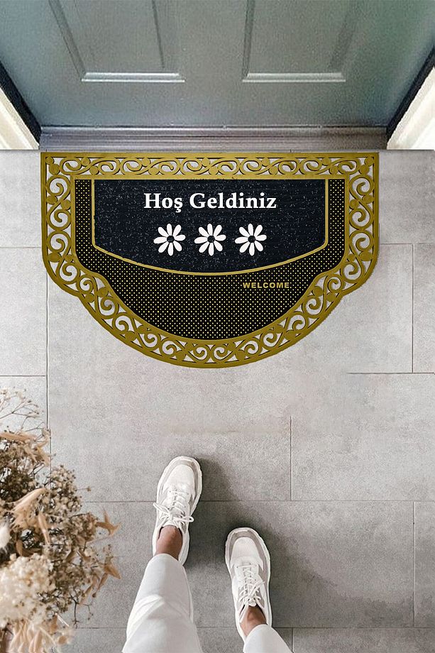 Yarım Ay Modeli hoş geldiniz Yazlı Çiçek Desenli Kapı Önü Paspası - 2