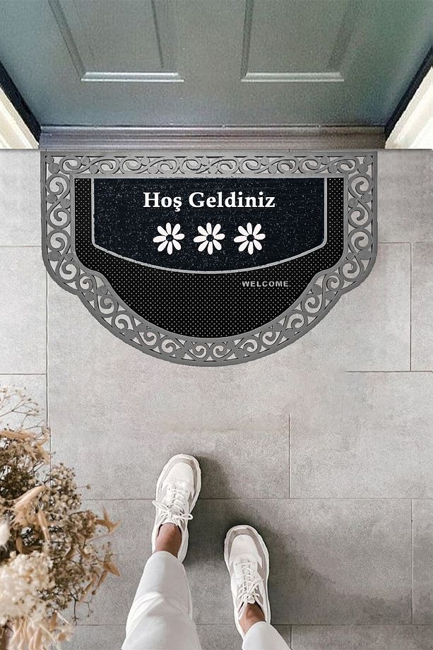 Yarım Ay Modeli hoş geldiniz Yazlı Çiçek Desenli Kapı Önü Paspası - 2