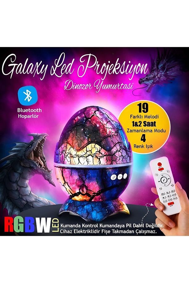 Led Dinozor Yumurta Galaxy Aurora Yıldızlı Projektör Bluetooth Hoparlör Kumandalı Gece Masa Lambası - 3