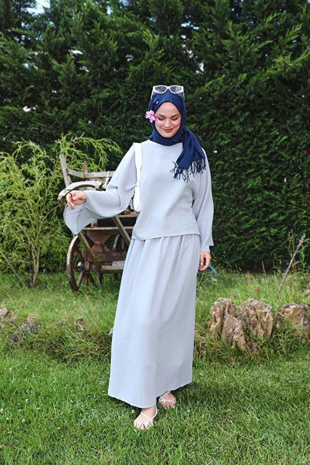 طقم موسلين رمادي كاجوال - 1