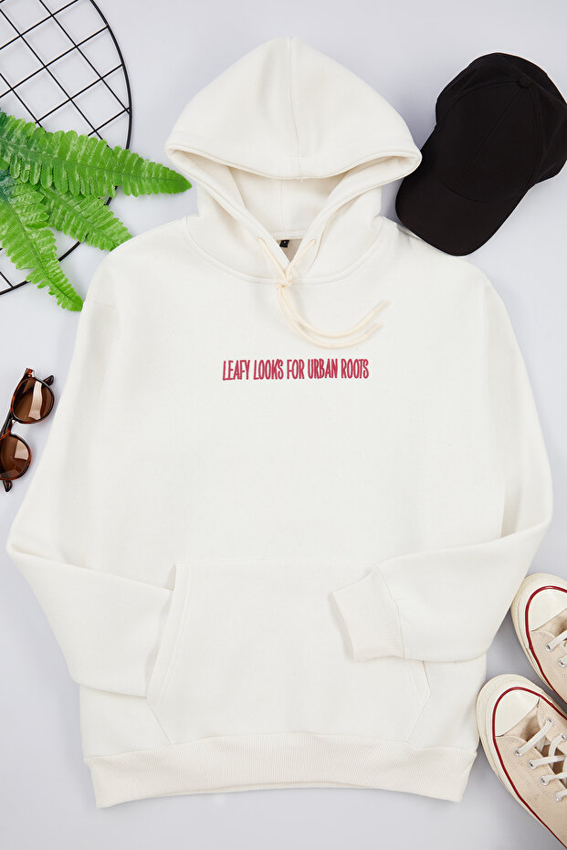 Ekru Oversize/Geniş Kesim Kabartma Baskı ve Sırt Nakış Detaylı İçi Polar Sweatshirt TMNAW25SW00072 - 7