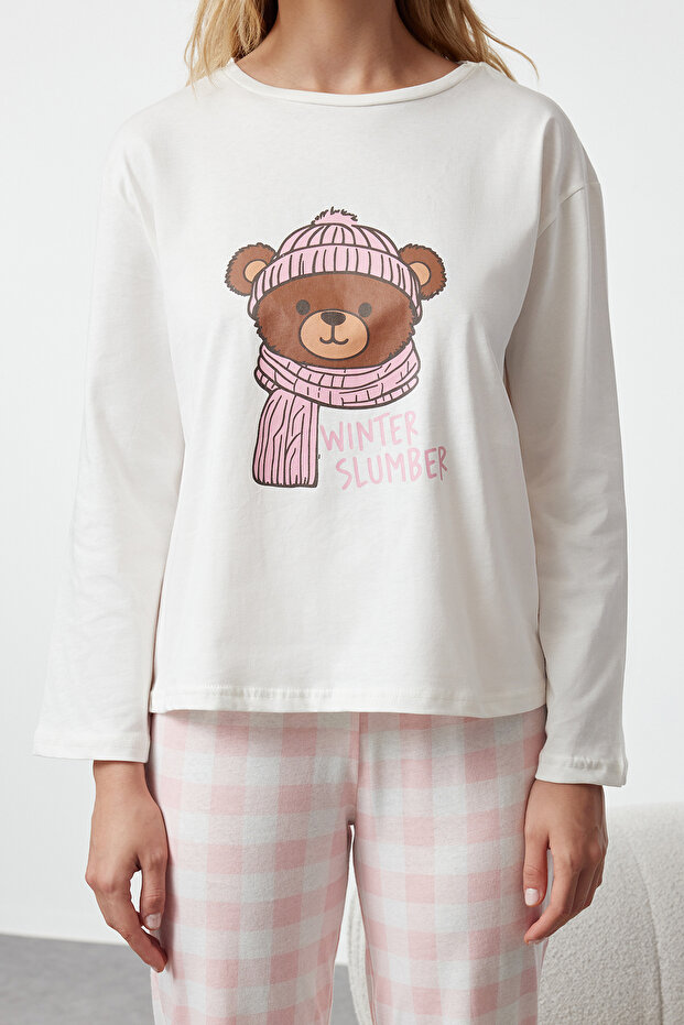 Beyaz %100 Pamuklu Ayıcıklı Ekoseli Örme Pijama Takımı THMAW25PT00088 - 4