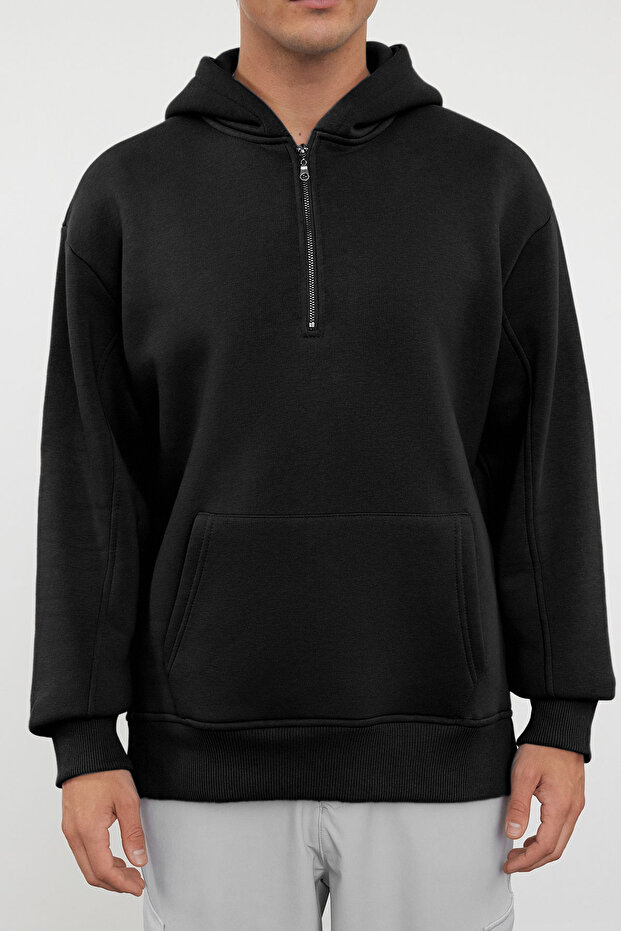 Siyah Oversize/Geniş Kesim Fermuarlı Kapüşonlu İçi Polarlı Basic Sweatshirt TMNAW25SW00050 - 4