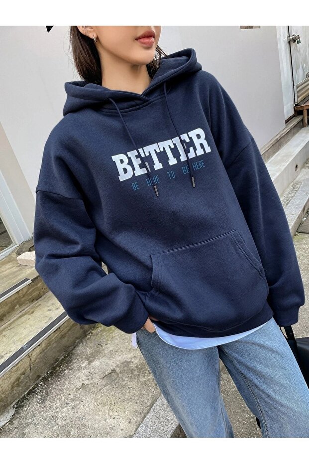 Better Sweatshirt - Lacivert Baskılı Oversize Şardonlu Kapüşonlu - 5