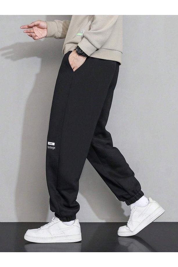 Clever Vintage Eşofman Altı Jogger - Siyah Baskılı Lastik Paça Yüksek Bel Kışlık - 4