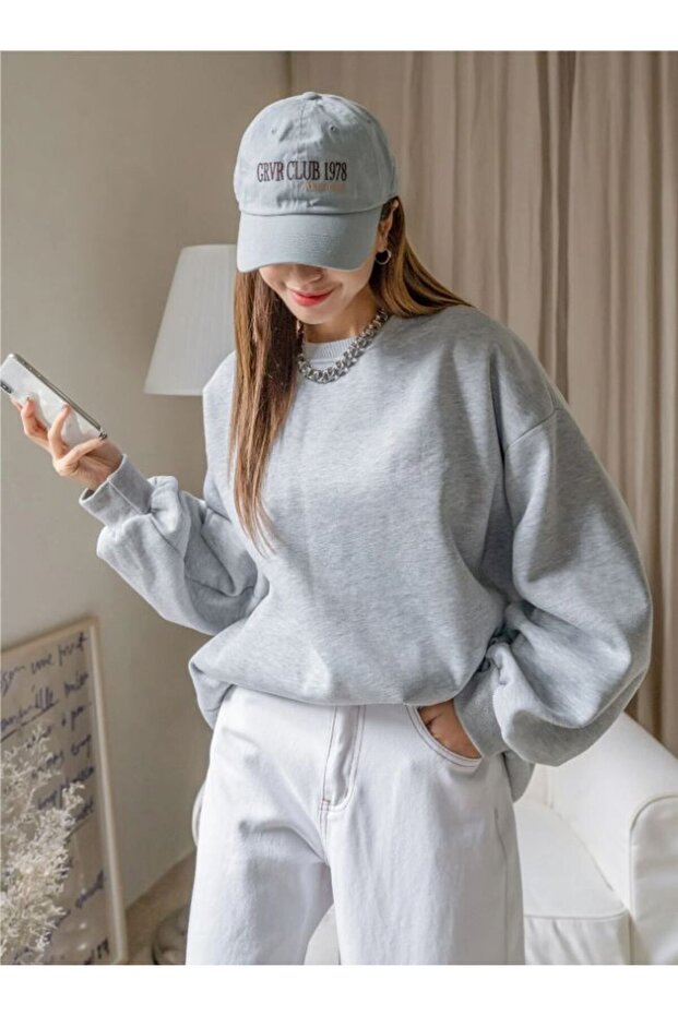Gri Kalın Sweatshirt - Oversize Şardonlu Bisiklet Yaka - 1