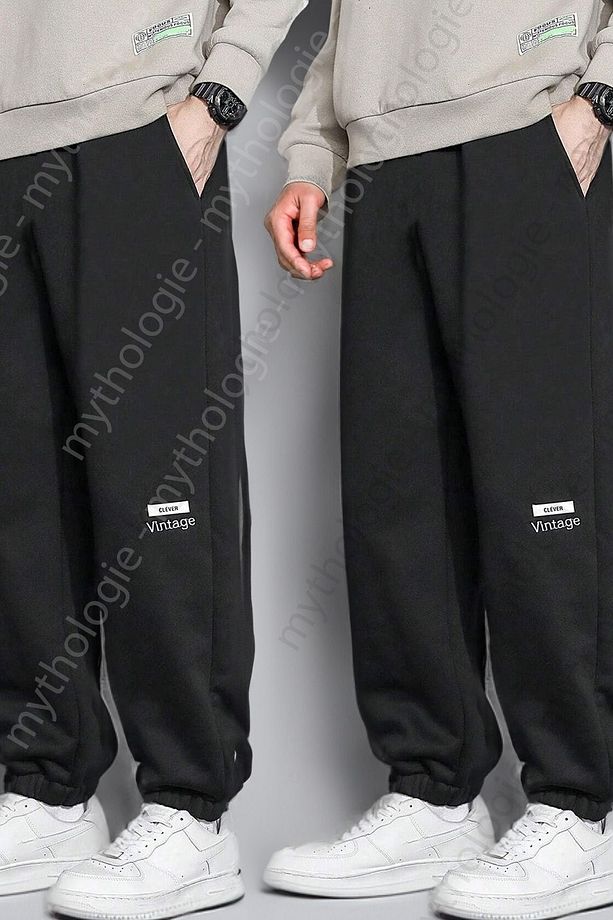 2'li Vintage Minimal Eşofman Altı Jogger - Siyah Baskılı Yüksek Bel Yazlık Lastik Paça - 1