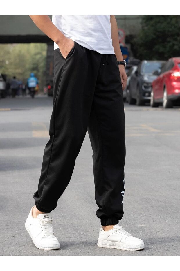 Bear Eşofman Altı Jogger - Siyah Baskılı Lastik Paça Yüksek Bel - 5