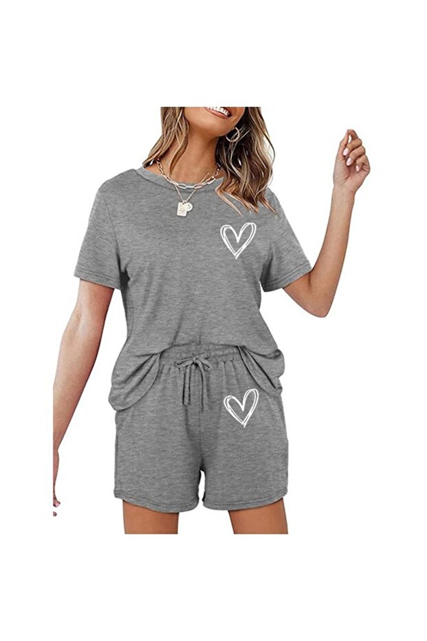 Women's Gray Figure Heart Printed Oversize Shorts T-Shirt Set