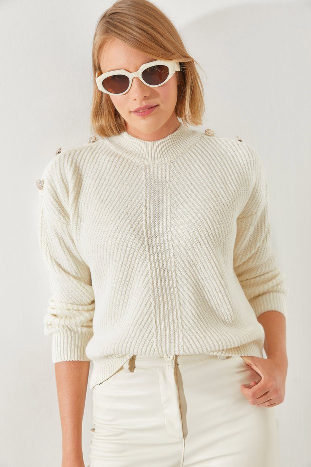 Women's Ecru Shoulder Button Detailed Thessaloniki Knitted Sweater 20246210