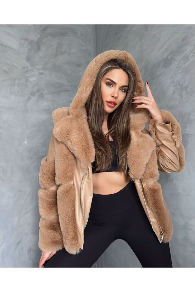 Camel deri kapüşonlu kaban - 4