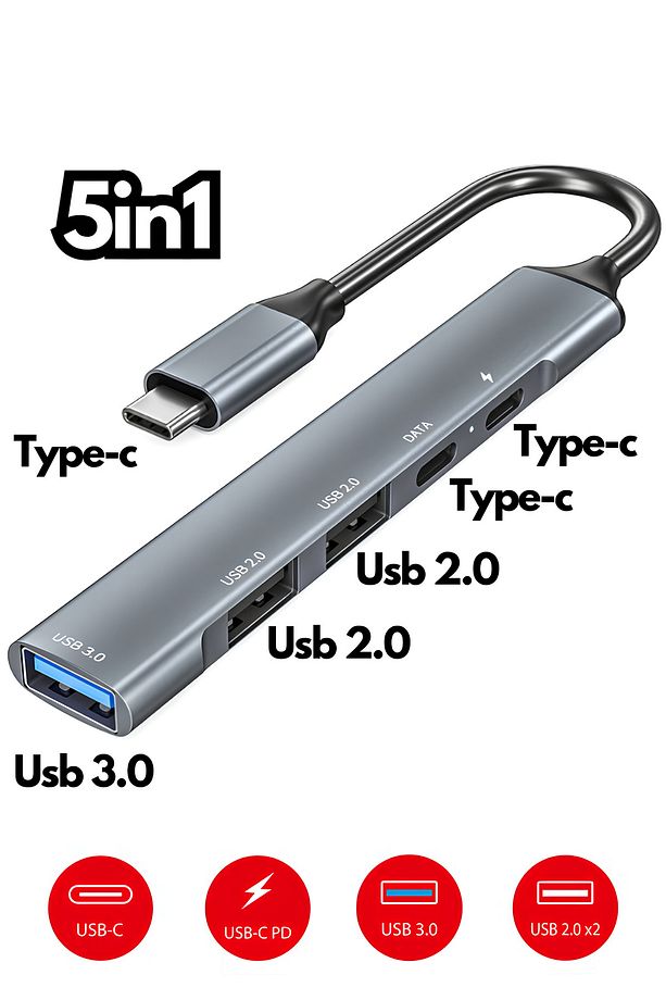 Type-c To Usb 5in1 PD Typec Usb 3.0/2.0 Port Çoklayıcı Macbook Air Pro Uyumlu Çevirici Dönüştürücü - 1