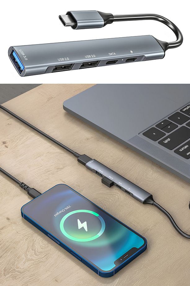 Type-c To Usb 5in1 PD Typec Usb 3.0/2.0 Port Çoklayıcı Macbook Air Pro Uyumlu Çevirici Dönüştürücü - 3