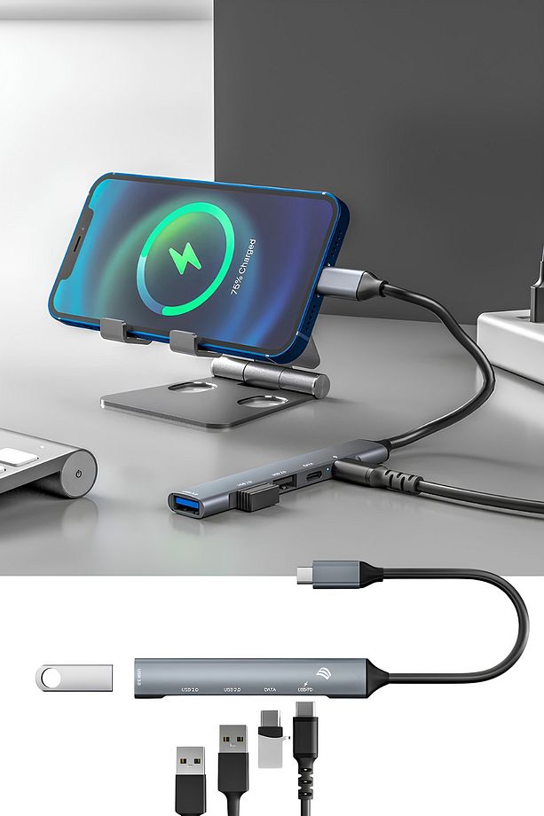 Type-c To Usb 5in1 PD Typec Usb 3.0/2.0 Port Çoklayıcı Macbook Air Pro Uyumlu Çevirici Dönüştürücü - 2