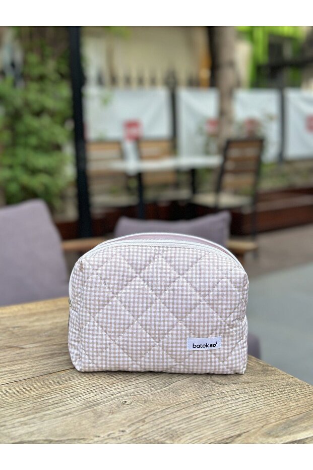 حقيبة مكياج كبيرة الحجم بنمط مربع باللون البيج - 8