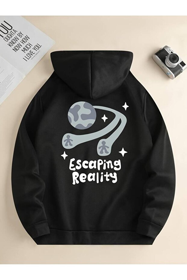 سويت شيرت أسود بغطاء للرأس - مطبوع من الخلف، Escaping Reality