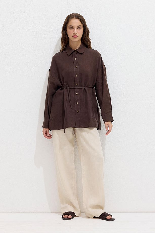 KETEN OVERSIZE DÜĞMELİ GÖMLEK ACI KAHVE - 3