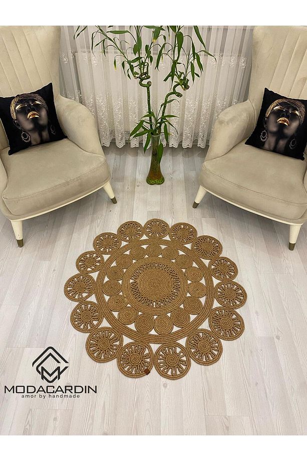 jüt Hasır görünümlü Desenli Modern El Örgüsü daire Halı Kilim - 1