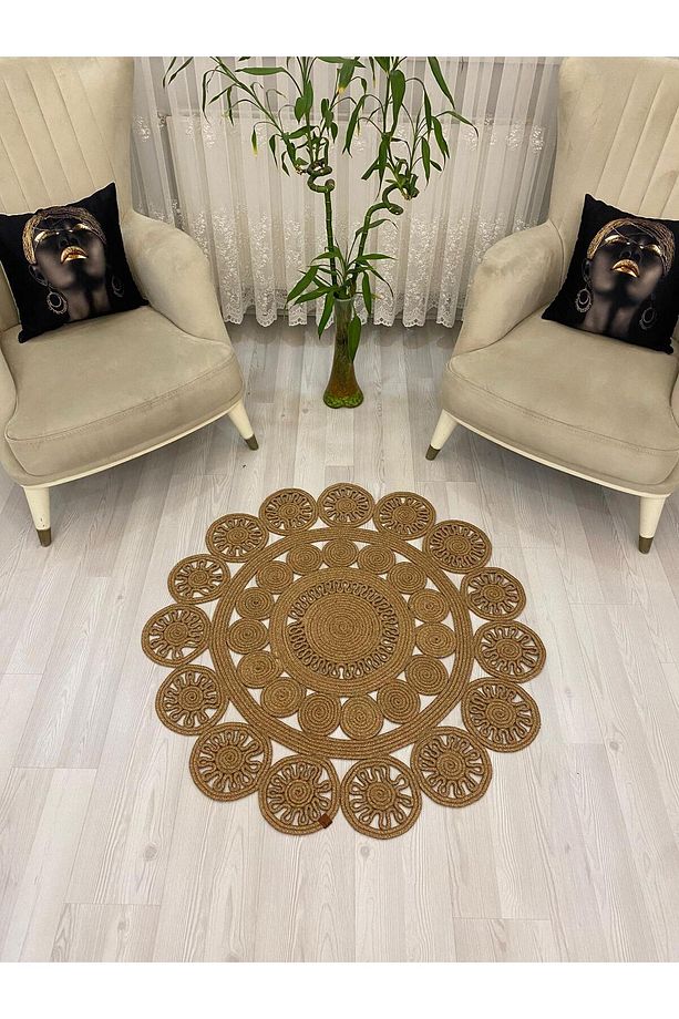 jüt Hasır görünümlü Desenli Modern El Örgüsü daire Halı Kilim - 4