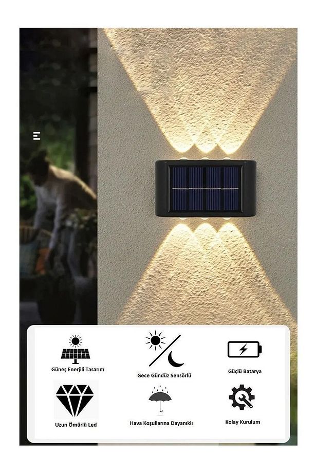 2'li Modern 6 Ledli Solar Çift Taraflı Aplik Güneş Enerjili Duvar Aydınlatma Lambası (gün Işığı) - 4