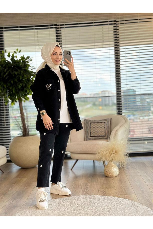 Cebi Boncuk Ve İnci İşli Kot Gömlek - 1