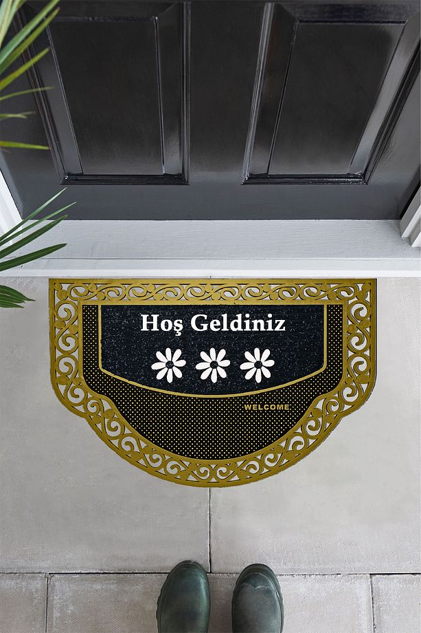 Yarım Ay Modeli hoş geldiniz Yazlı Çiçek Desenli Kapı Önü Paspası - 1