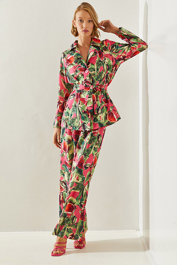 Women's Pink Belt Detailed Palazzo Trousers Patterned Bottom-Top Set 21255 60251654