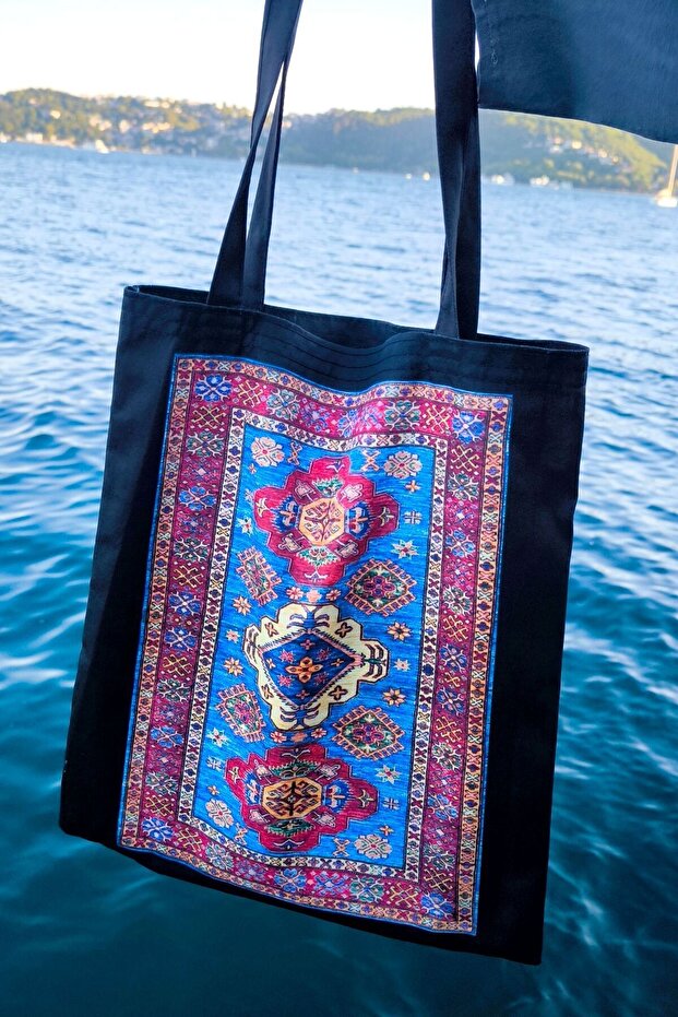 Black Blue Kilim Patterned Cloth Bag