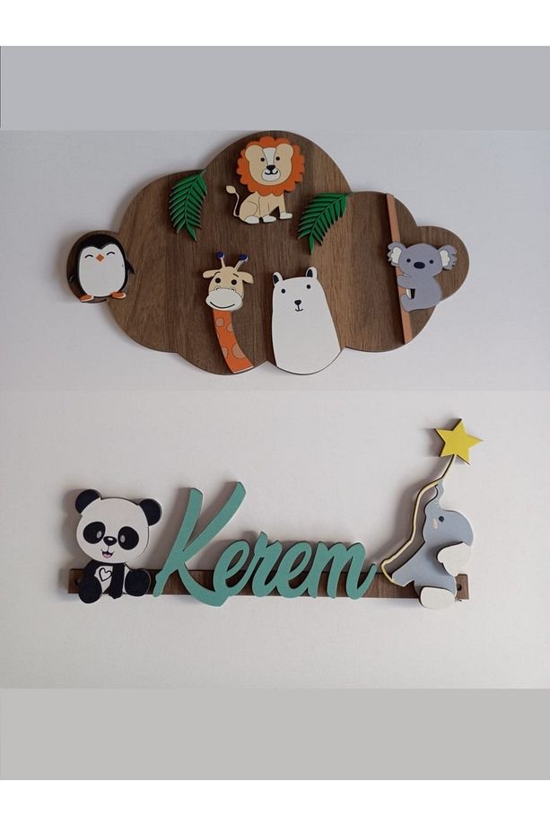 Özel Konsept Tasarım Safari Bulut Bebek Kapı Süsü - Panda Zürafa Ve Fil Aksesuar Çocuk Pano Kapısüsü - 1