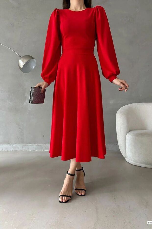Red Balloon Sleeve Crew Neck Midi Dress