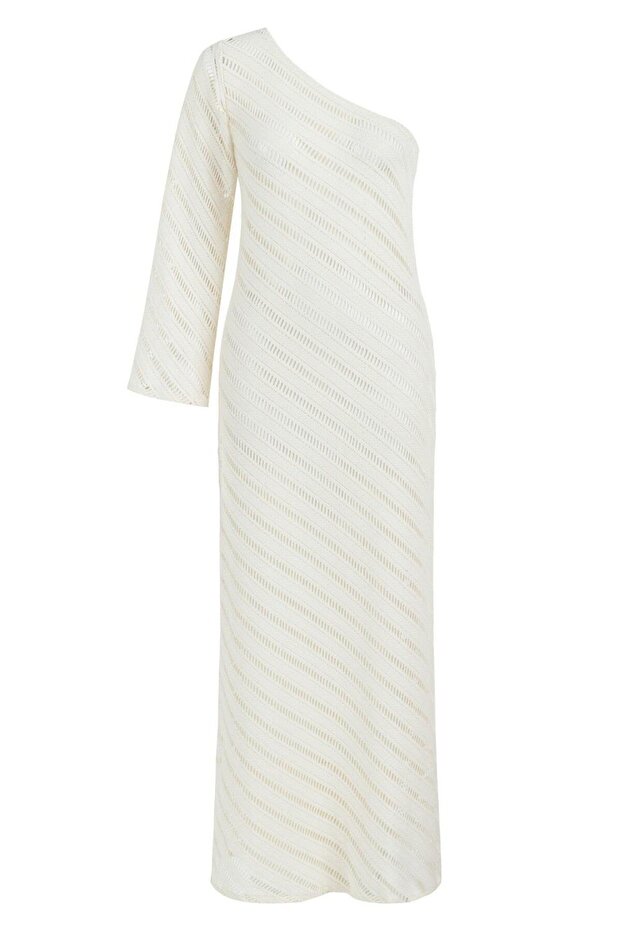 One-Shoulder Openwork Knitwear Cream Dress