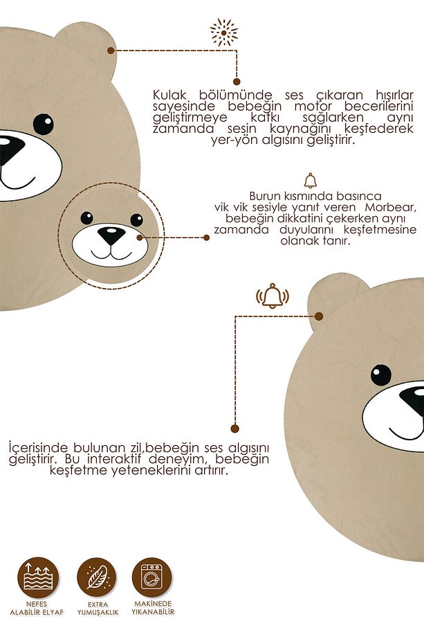 Bebek/Çocuk Oyun Halısı, Yenidoğan Emekleme Pedi, Aktivite Oyun Matı, Morbear Serisi, Kapiçino - 3
