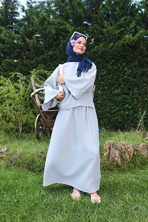 طقم موسلين رمادي كاجوال - 2