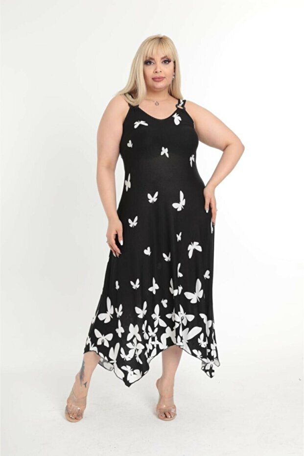 Plus Size Black Patterned Buckle Detailed Butterfly Dress