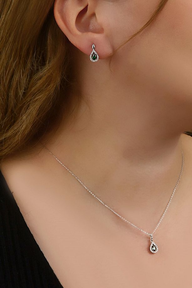 925 Ayar Gümüş Yeşil Taşlı Minimal Set - S013702 - 2