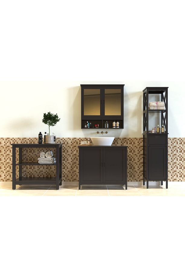 Masif Akasya Ve Mdfden 3 Katlı Banyo Bank Ve Havlu Rafı 80x50x74,8 cm Antrasit - 2