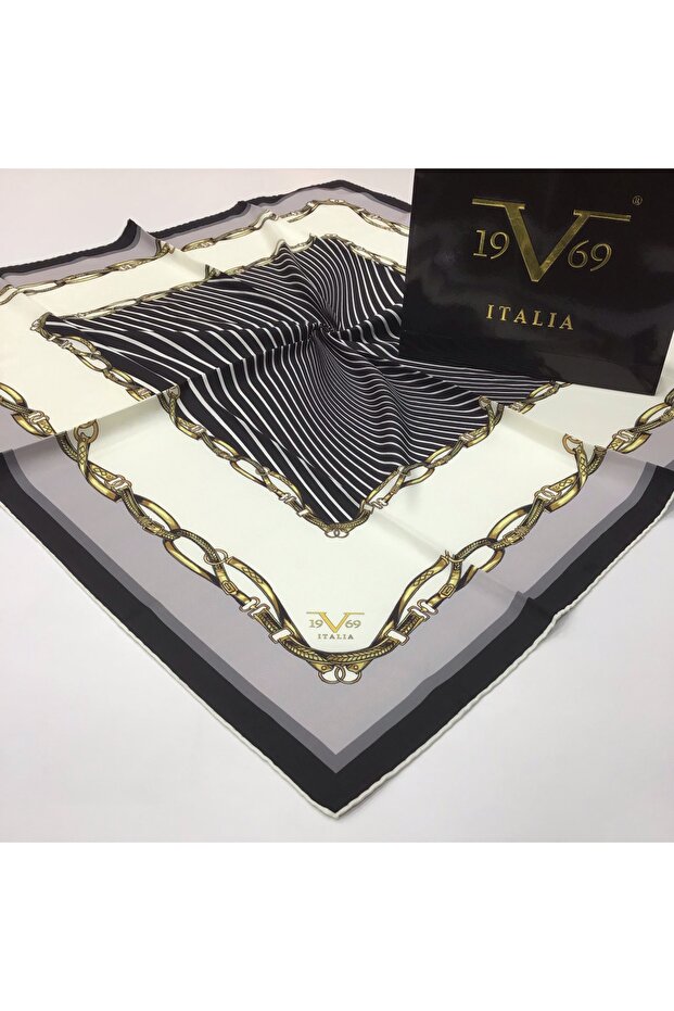 Gray White Twill Scarf with Chain Zebra Pattern Black Series with Scarf Hanger 90x90 Cm