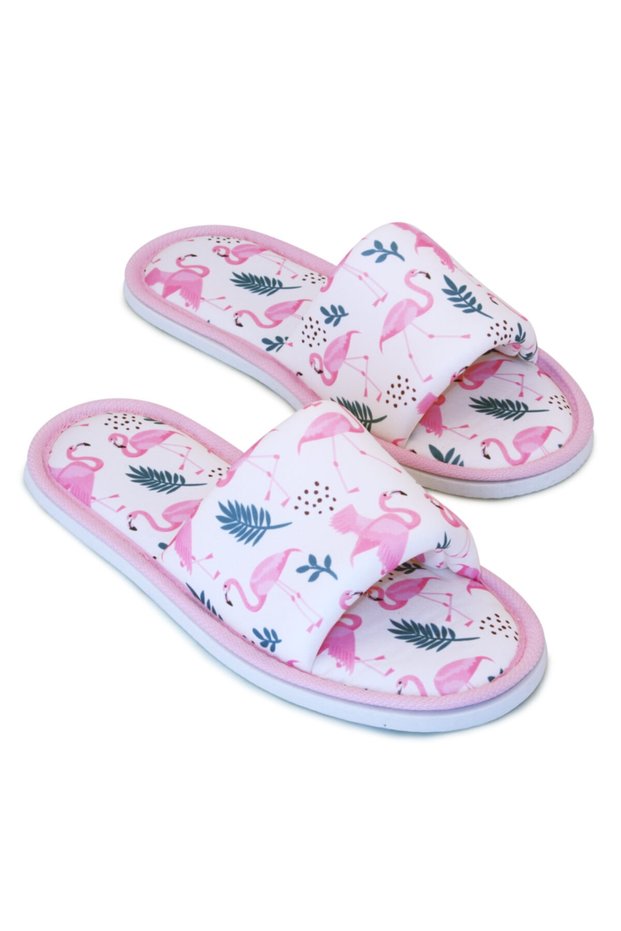 Woman's White Flamingo Patterned Open Front Soft Sole House Slippers