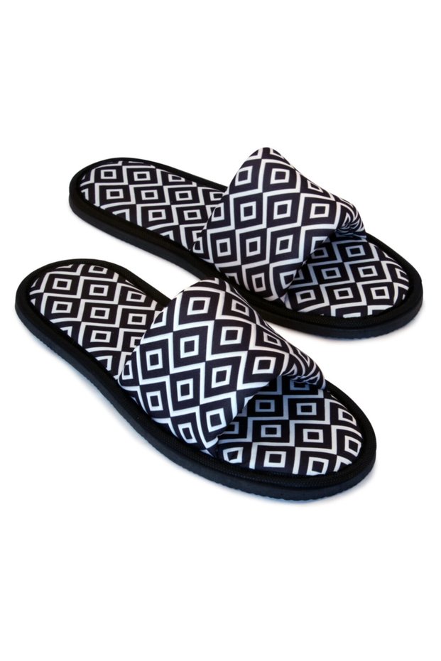 Men's Black Geometric Patterned Open Front Soft Sole Home Slippers