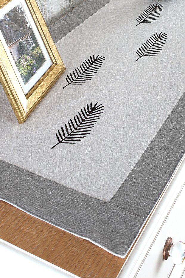 Buldan Fabric Bordered Stone Printed Leaf Pattern Runner - 2